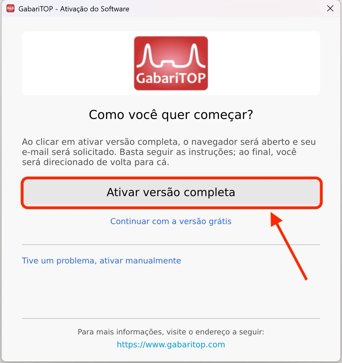 Tela inicial do GabariTOP, com o botão "Ativar versão completa" destacado